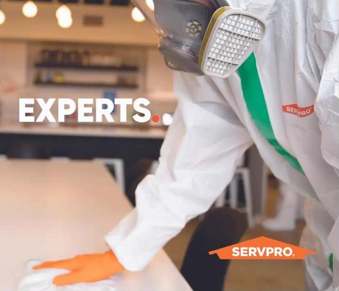 Person in SERVPRO suit cleaning with SERVPRO logo and text "Experts."