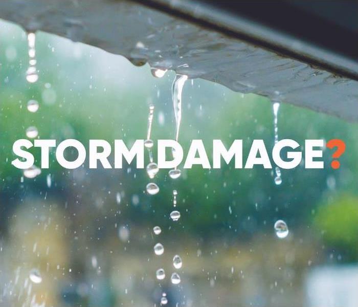 Water dripping off a roof with text "Storm Damage?"